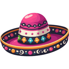 vibrantly colored sombrero with intricate floral and geometric patterns in pink, blue, yellow, and black. Ideal for websites/blogs about Mexican culture, Cinco de Mayo, celebrations, or festive 