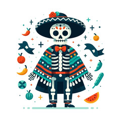 skeleton figure in a sombrero and poncho, surrounded by chili peppers, fruit, and decorative elements. Ideal for websites/blogs about Day of the Dead, Mexican culture, celebrations, or festive art.