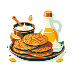 platter of latkes with sour cream, lemon, and a bottle of oil. Ideal for websites/blogs about Hanukkah, Jewish cuisine, holiday food, recipes, or traditional dishes.