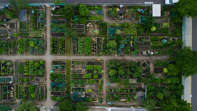 Aerial View Of Community Garden Plots With Organized Green Layout