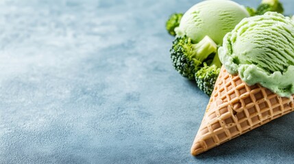 This unique dessert image features broccoli-flavored ice cream in a waffle cone, merging unexpected flavors and appealing to adventurous food lovers and health-conscious individuals.