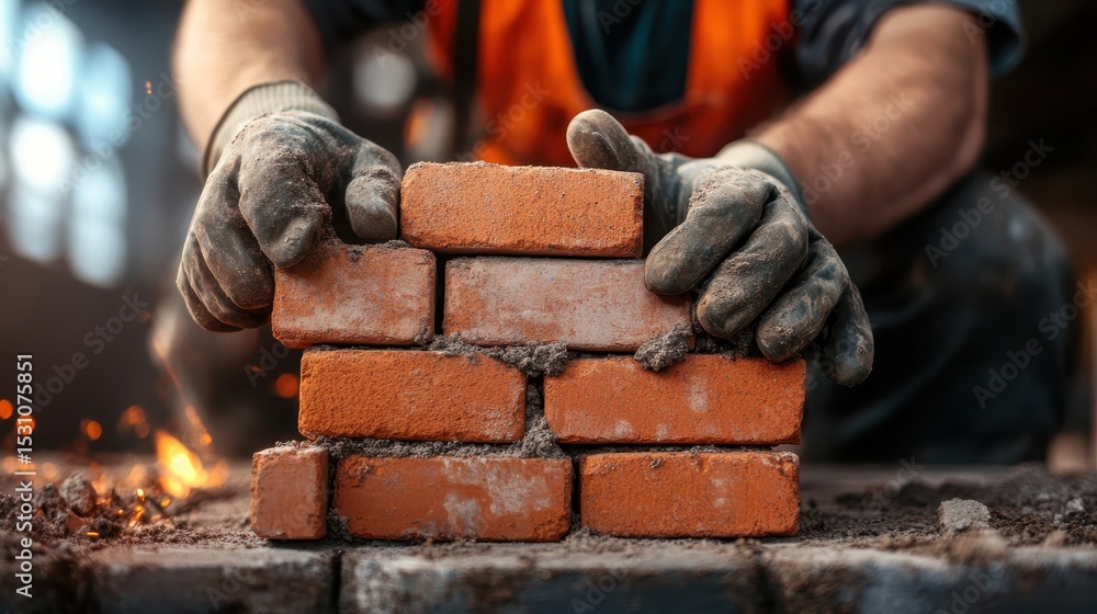 Poster a dedicated construction worker laying bricks methodically, showcasing craftsmanship and attention t
