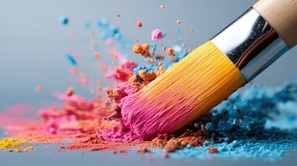 Fototapeta premium Explore the vivid explosion of color as a paintbrush interacts with sprinkled powder, showcasing the beauty of artistic expression and creativity in every stroke.