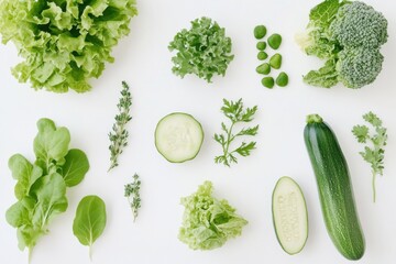Fresh greens and vegetables arranged artistically on a white backdrop showcasing nature's bounty for healthy living