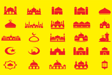 A set of simple red mosque icons representing Islamic architecture. Ideal for religious apps, infographics, and spiritual content with a clean, bold look.