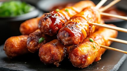 A mouthwatering display of golden-brown skewered sausages topped with a rich sauce, perfect for a savory snack or festive gathering, showcasing appetizing food styling.