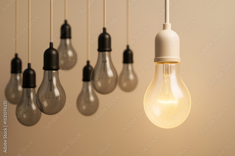 Aufkleber glowing light bulb among turned-off bulbs symbolizing innovation and leadership on soft background i