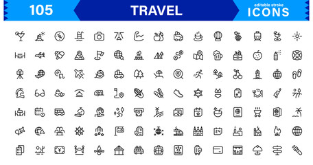 Travel Icon Set Featuring Airplane, Luggage, Destination, Passport, and Vacation Symbols in Clean, Professional Vector Design for Stock Use