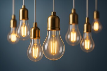 Obraz premium Glowing vintage-style hanging light bulbs with brass fittings on dark blue gradient background representing innovation and business concept.
