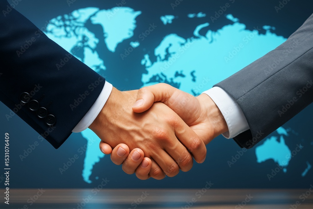 Poster business handshake symbolizing global partnership and cooperation with world map background and ligh