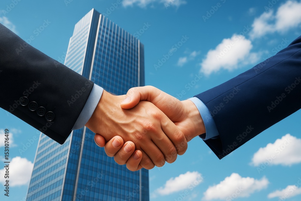 Aufkleber two businesspeople shaking hands in front of a modern glass skyscraper under a bright sky with cloud