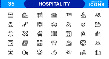 Hospitality Icon Collection with Hotel, Service, Room, Food, and Reception Symbols in Minimalist, Marketable Vector Style for Digital Assets