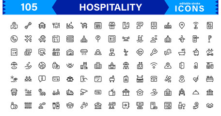 Hospitality Icon Collection with Hotel, Service, Room, Food, and Reception Symbols in Minimalist, Marketable Vector Style for Digital Assets