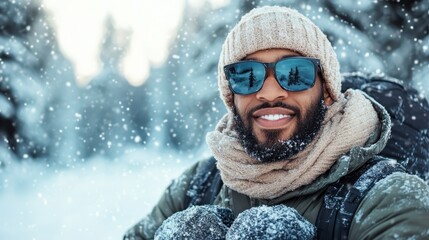 Fototapeta premium A cheerful man smiles warmly in a snowy environment, showcasing his style with sunglasses and winter attire, embodying the joy of winter adventures and exploration.