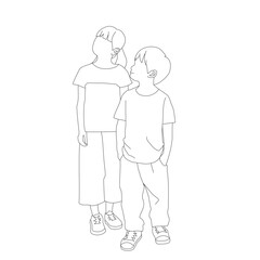 立ったまま大人を見上げて話を聞いている子供達の線画イラスト