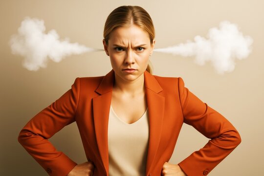 Angry businesswoman with steam coming out of ears symbolizing frustration and stress on light beige background in creative concept style.
