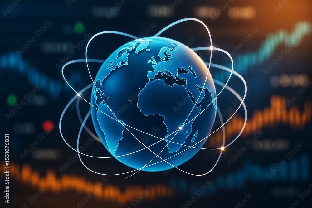 Poster Digital globe with orbit lines over data charts on dark background representing global business and technology connection concept.