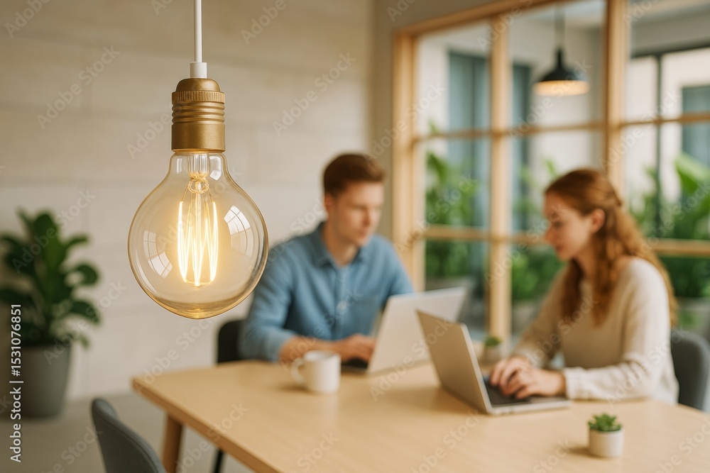 Poster creative workplace concept with glowing light bulb in focus and blurred business team working in bac