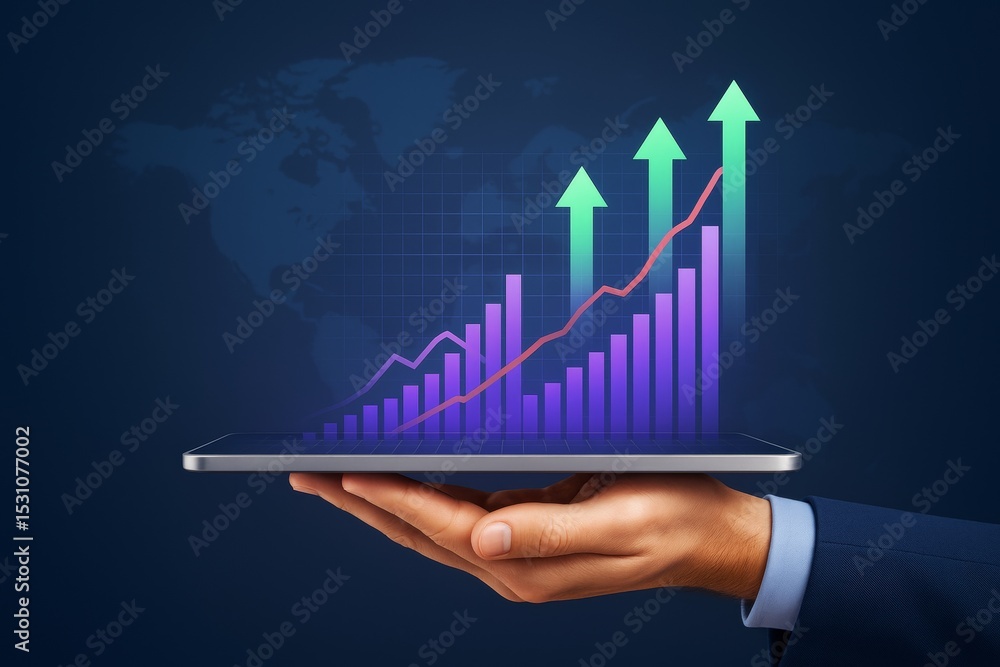 Poster business growth chart with rising bar graph and arrows emerging from tablet held by hand on dark bac