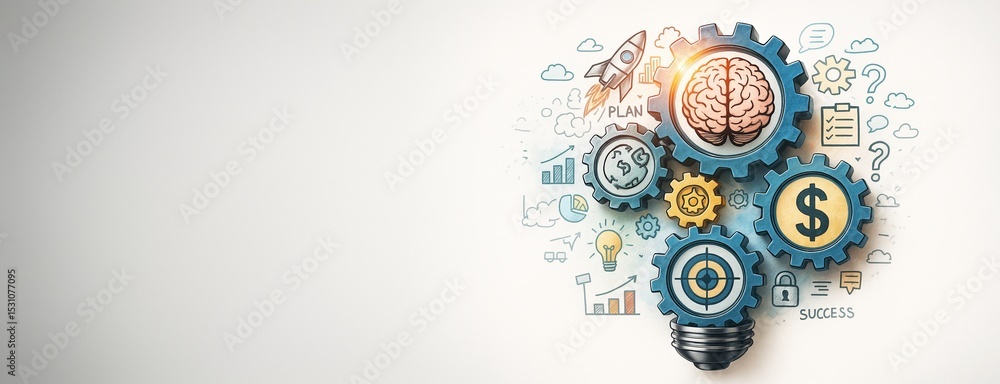 Poster business concept lightbulb made of gears with brain, dollar sign, and planning icons on white backgr