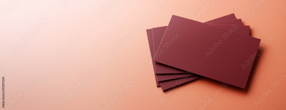 Poster Stack of burgundy business cards on soft peach gradient background with copy space for branding or design presentation mockup template.