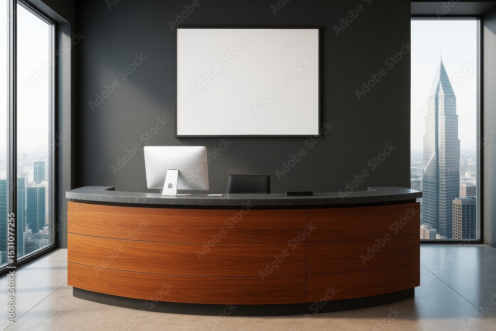 Poster modern office reception desk with blank poster frame and city view through large windows in daylight