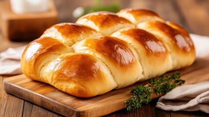 A beautifully braided loaf of golden bread resting on a wooden board, embodying the essence of warmth and connection that comes with baked goods and shared meals.