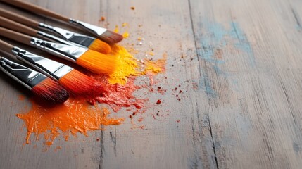 A collection of paintbrushes with vibrant colors splattered on a wooden surface, illustrating the creativity and joy of artistic expression through painting.