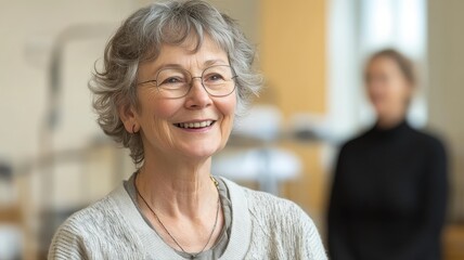 Fototapeta premium Smiling elderly woman with glasses in a bright indoor setting