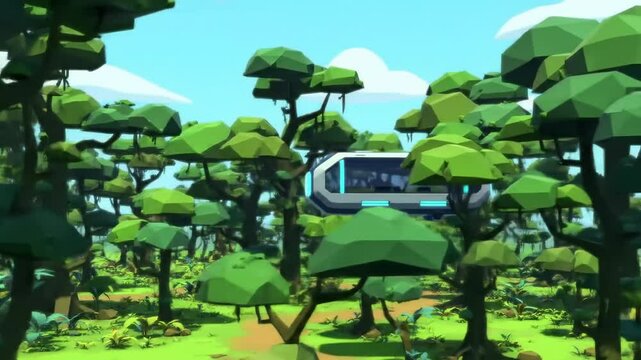Stylized green forest landscape illustration with floating vehicle