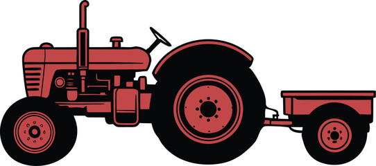 Vintage red tractor with trailer agricultural equipment simple illustration design farming concept