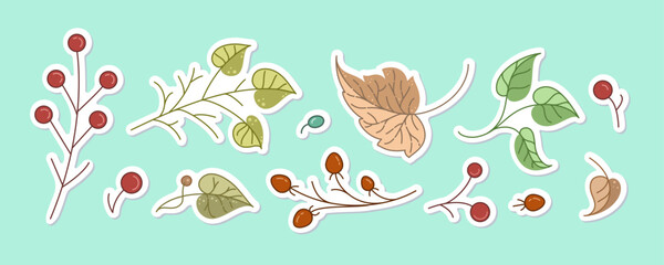 Rustic botanical sticker vector set with leaves and berries cozy fall elements for journaling and planners