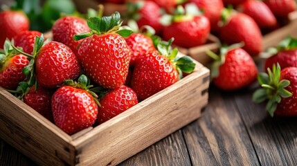 This image captures a vibrant selection of fresh strawberries piled in a rustic wooden box, signifying freshness, natural beauty, and the joys of summer harvest.