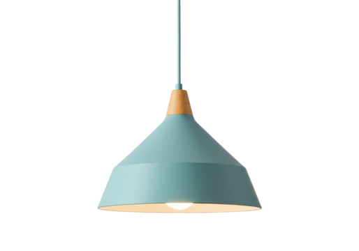 Isolated Minimalist Turquoise Pendant Light with Wooden Top