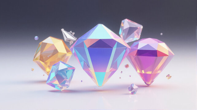Colorful faceted diamonds with smaller shards floating around