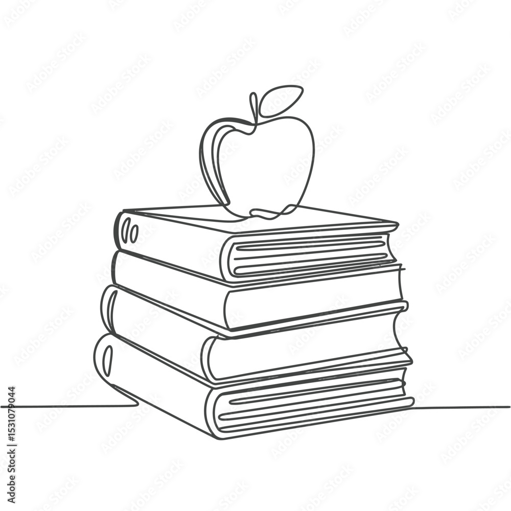 Poster continuous line drawing of books stacked with apple on top