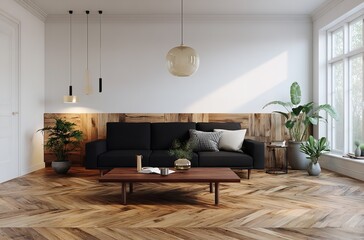 Modern living room design ideas black sofa wood accents herringbone floor plants and natural light interior