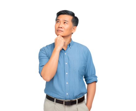 Contemplative man pondering ideas in casual attire isolated on transparent background, PNG - Powered by Adobe
