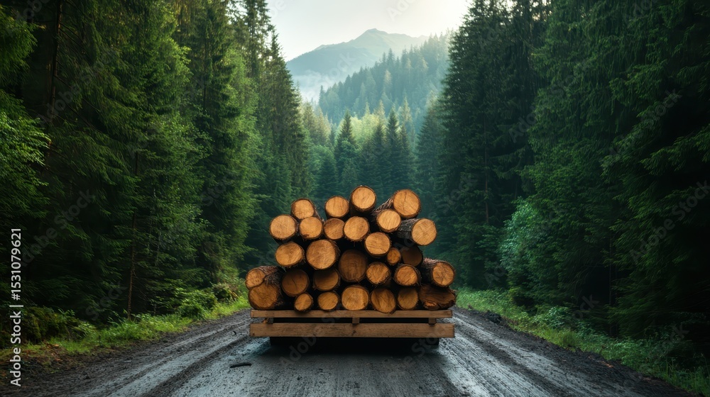 Aufkleber a scenic view of a pathway in the dense forest, lined with a large stack of logs ready for transport