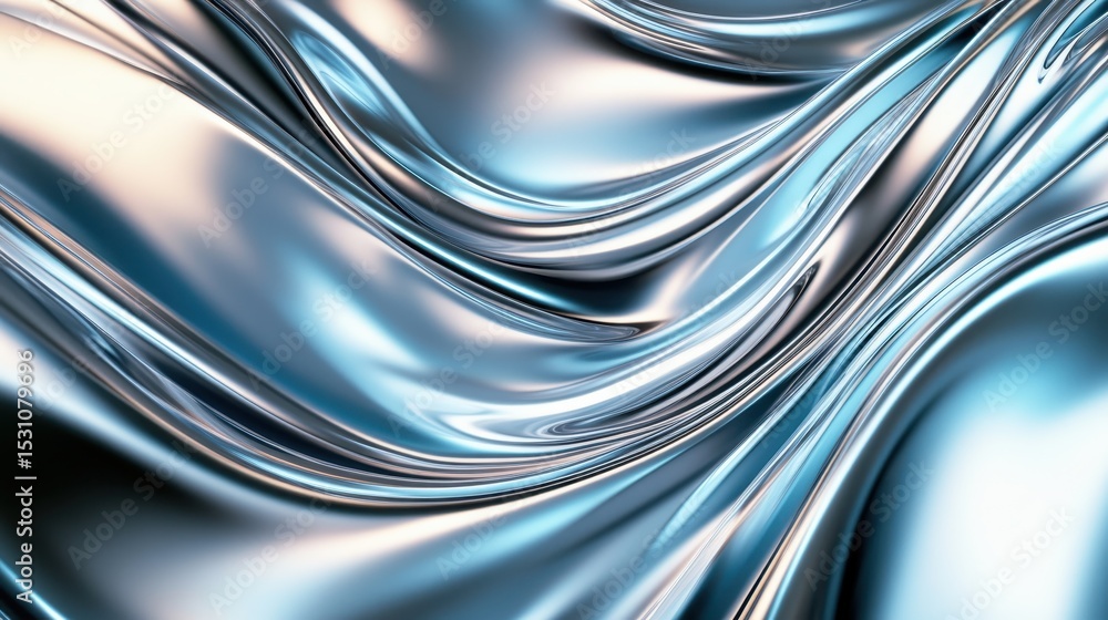 Poster a mesmerizing view of shiny metallic waves, displaying fluid movement with reflective surfaces, crea
