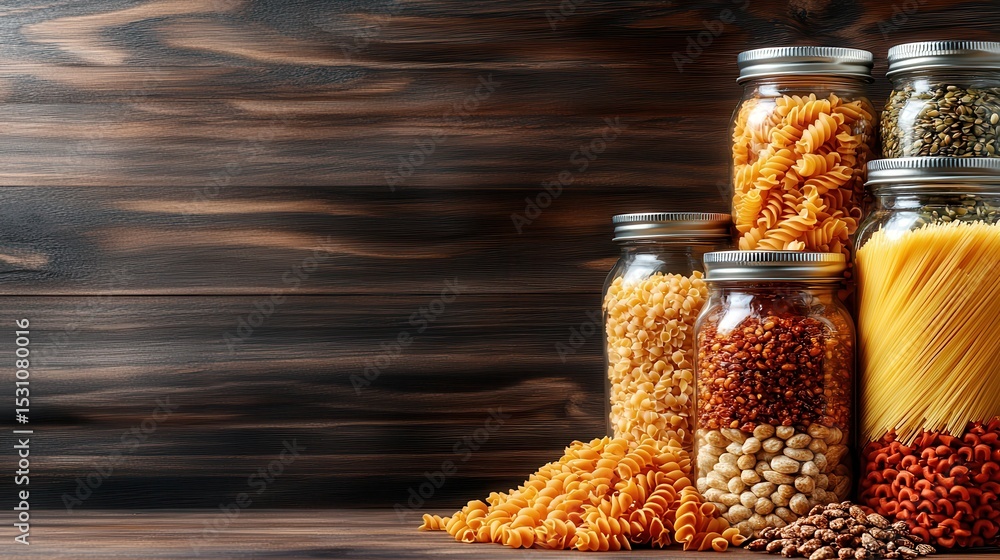 Poster an array of vibrant pasta varieties displayed in glass jars on a rustic wooden surface, celebrating 
