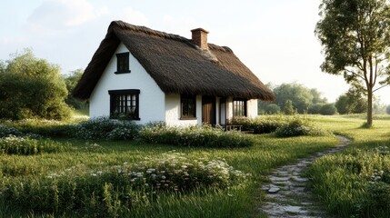 Obraz premium This picturesque cottage house nestled in lush greenery and wildflowers embodies tranquility and a serene country lifestyle, inviting viewers to experience a peaceful retreat.