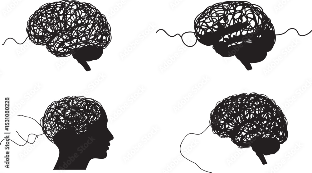 Poster vector art of four intricate vector illustrations of brains, isolated on white background, depict th