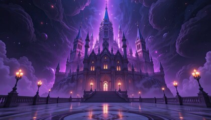 Fototapeta premium Enchanted purple castle under a starry sky