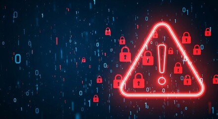 Digital Security Alert: Glowing Red Exclamation Point with Padlocks and Binary Code