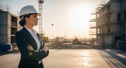 Confident female engineer overseeing construction site at sunset with arms crossed