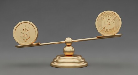 Dollar versus Bitcoin: Golden scales showing currency comparison and market balance