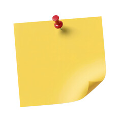 Yellow sticky note paper with red push pin isolated on memo blank macro on transparent background