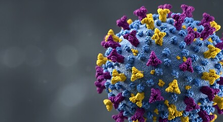 Microscopic view of a colorful virus particle with purple, yellow, and blue proteins
