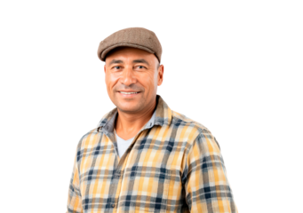 Smiling farmer in plaid shirt and cap on transparent background, PNG